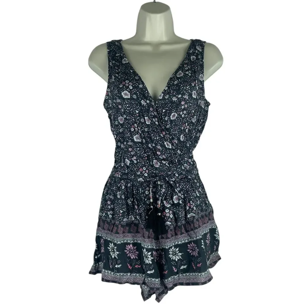 American Eagle Floral Tassel Tie Romper Sleeveless Gray Pink Size XS